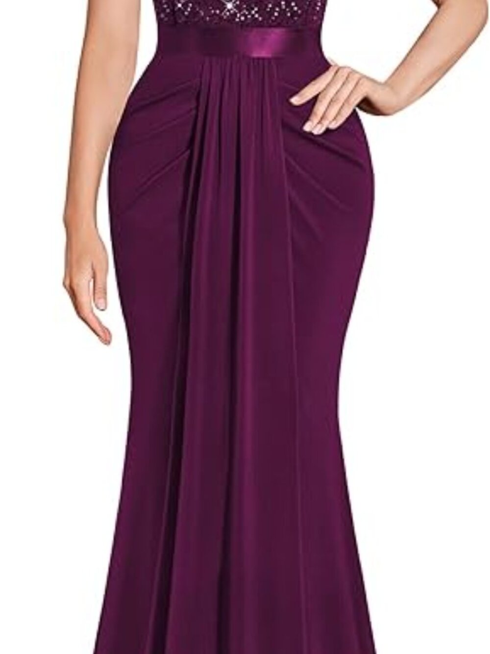 Women's Deep V-Neck Lace Sequin Pleated Evening Formal Dress MAROON - Picture 5 of 6